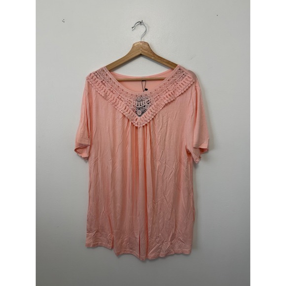 Tops - Folunsi Women's Lace Neck Short Sleeve Blouse – Light Pink – Size 3X